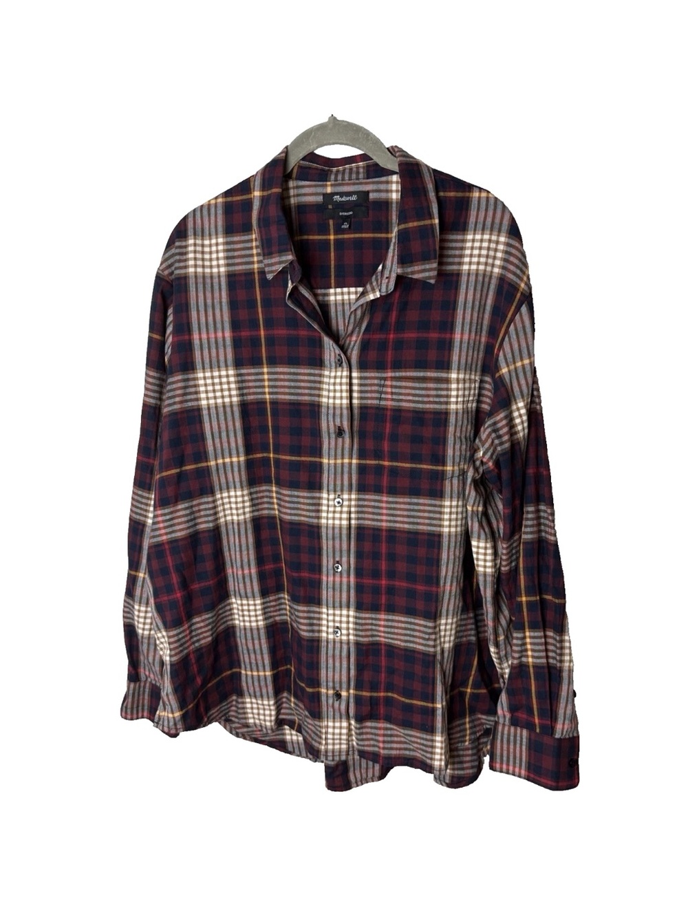 Madewell Oversized Shirt Size XL Top Long Sleeves Plaid Cotton Maroon Red Navy